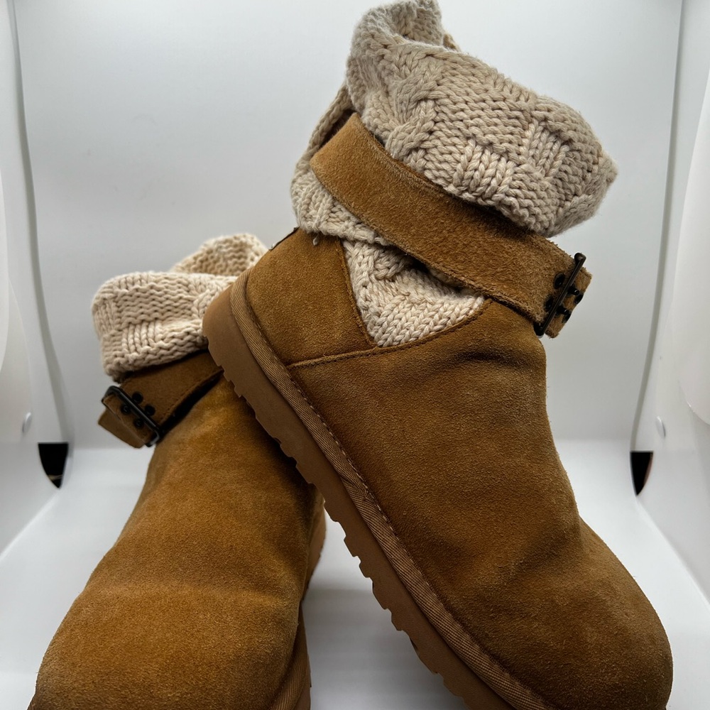 UGG Chestnut Suede Winter Boots with Cream Knit Cuff - Size 7